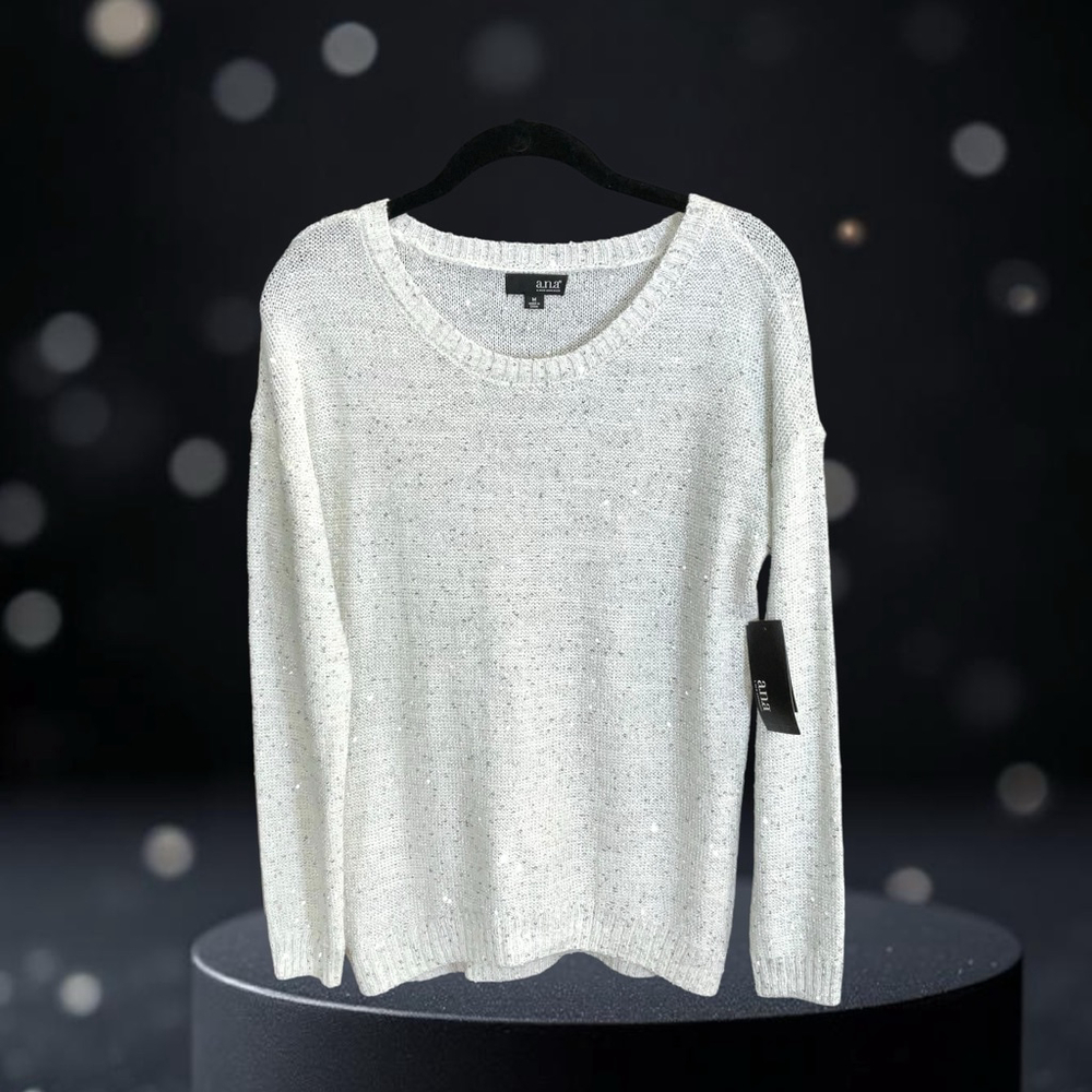 A.n.a. NEW Off-White Beige Sweater w Metallic Silver Threading & Sequins Women M